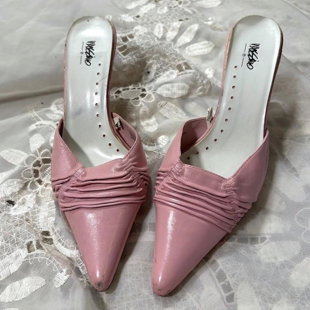 Y2K Cute Mossimo Pink Leather Pleated Pointed Toe Mules Kitten Heel Size 8
